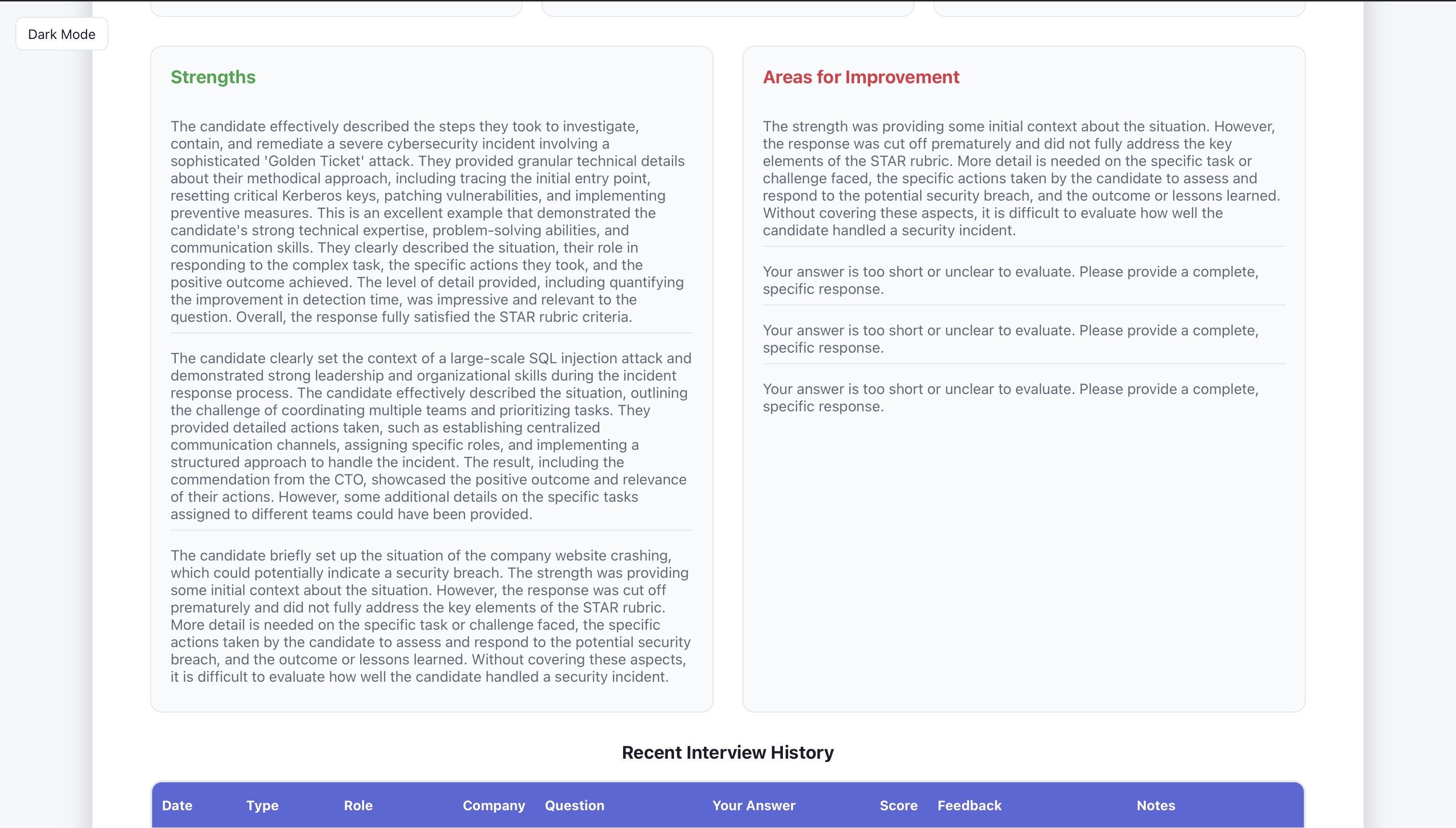 Dashboard: session or history detail.