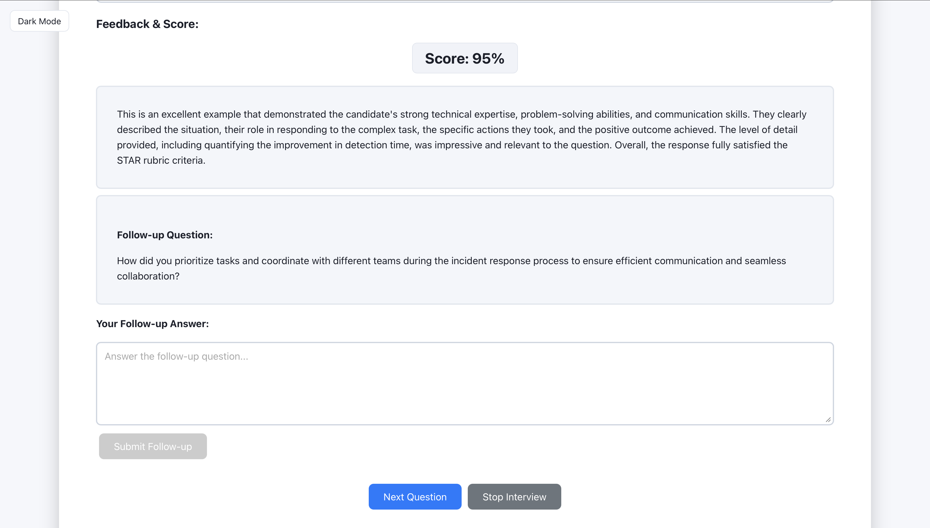 Feedback with score and suggestions.